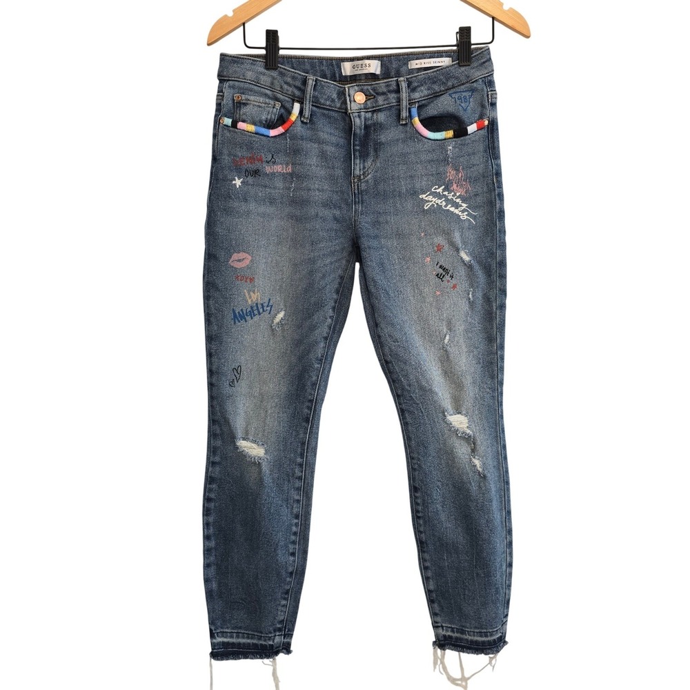 Guess Los Angeles Mid Rise Skinny Jeans Distressed‎ Embroidered Size 28